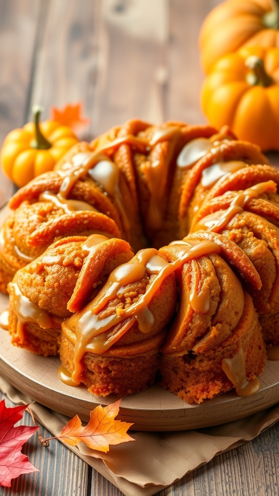 A delicious spiced pumpkin monkey bread with pull-apart pieces, drizzled with cream cheese glaze, on a rustic table with autumn decorations.